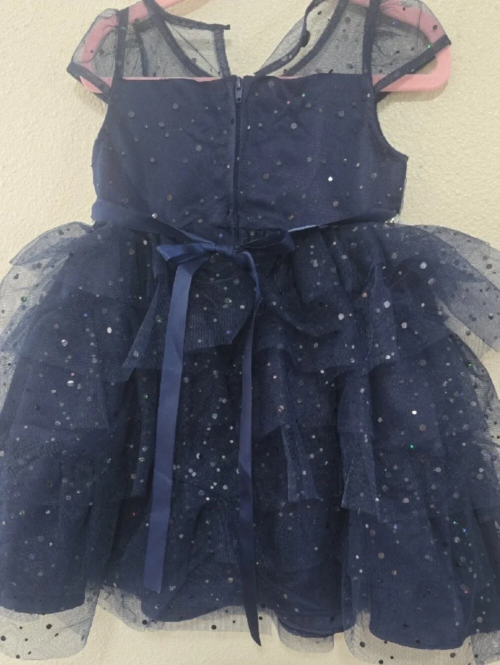 Rare Editions Navy Sparkle Tulle Dress with Jeweled Belt